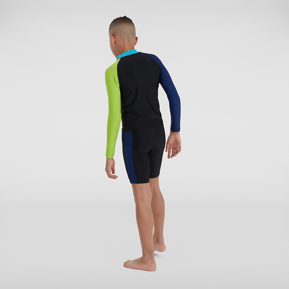 Jungen Speedo Colourblock langärmeliges Top & Short Schwarz/Blau