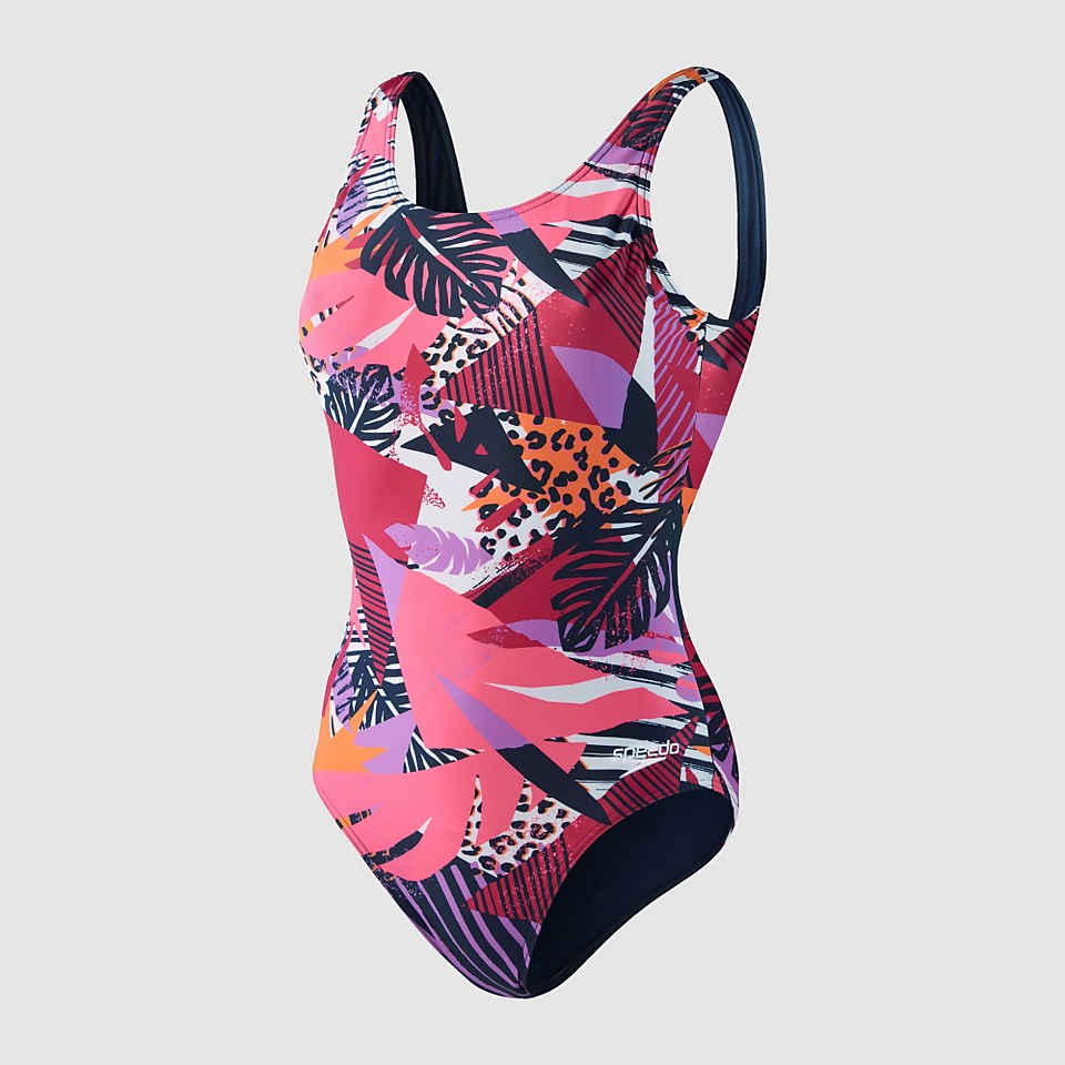 Maillot de bain Femme Allover dos en U bleu marine/rose