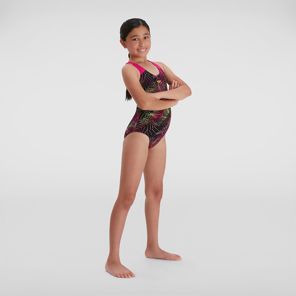 Girls' Allover Splashback Swimsuit Black/Pink