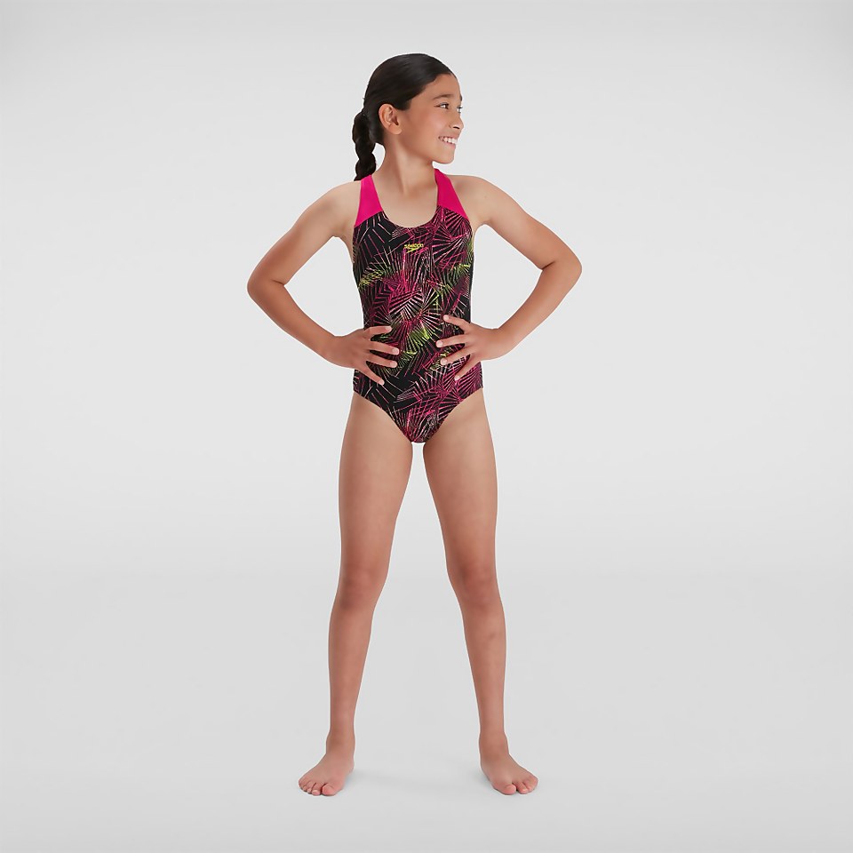 Girls' Allover Splashback Swimsuit Black/Pink