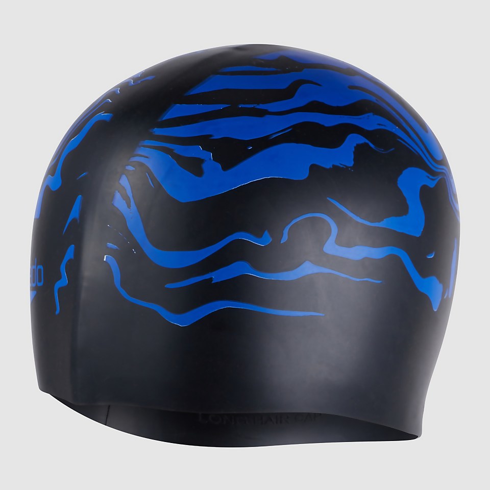 Bedruckte Langhaar-Badekappe Schwarz/Blau für Erwachsene