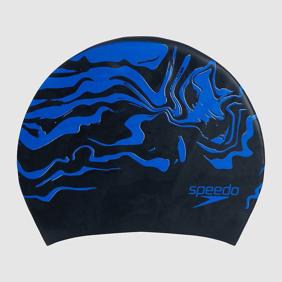 Bedruckte Langhaar-Badekappe Schwarz/Blau für Erwachsene
