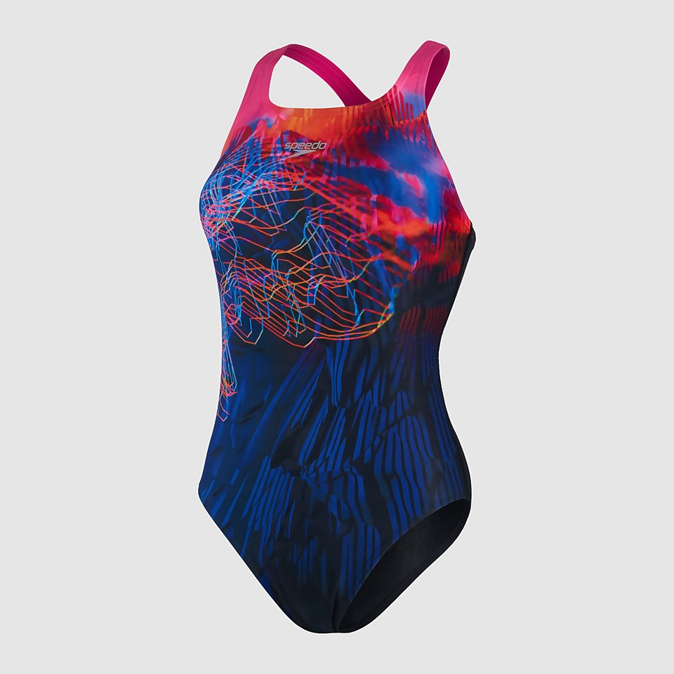 Damen Printed Medalist Badeanzug Schwarz/Pink