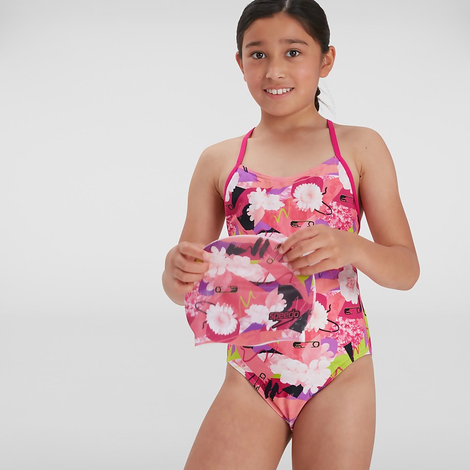 Maillot de bain Fille Allover dos à lanières rose/blanc