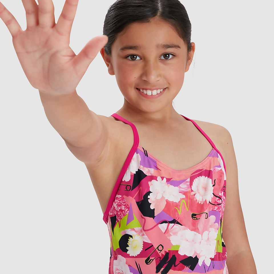 Maillot de bain Fille Allover dos à lanières rose/blanc