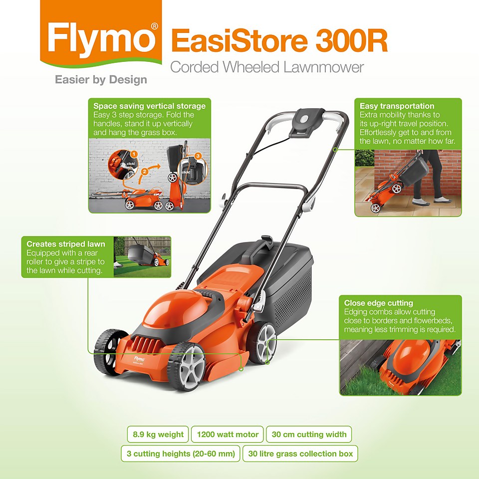 Flymo EasiStore 300R Corded Rotary Lawnmower - 1200W