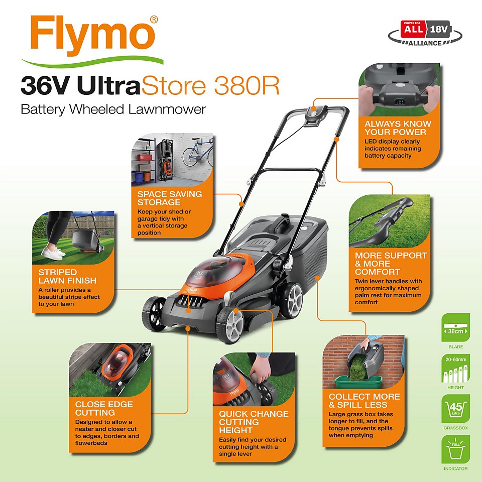Flymo 36V UltraStore 380R Cordless Rotary Lawnmower Kit - 36V