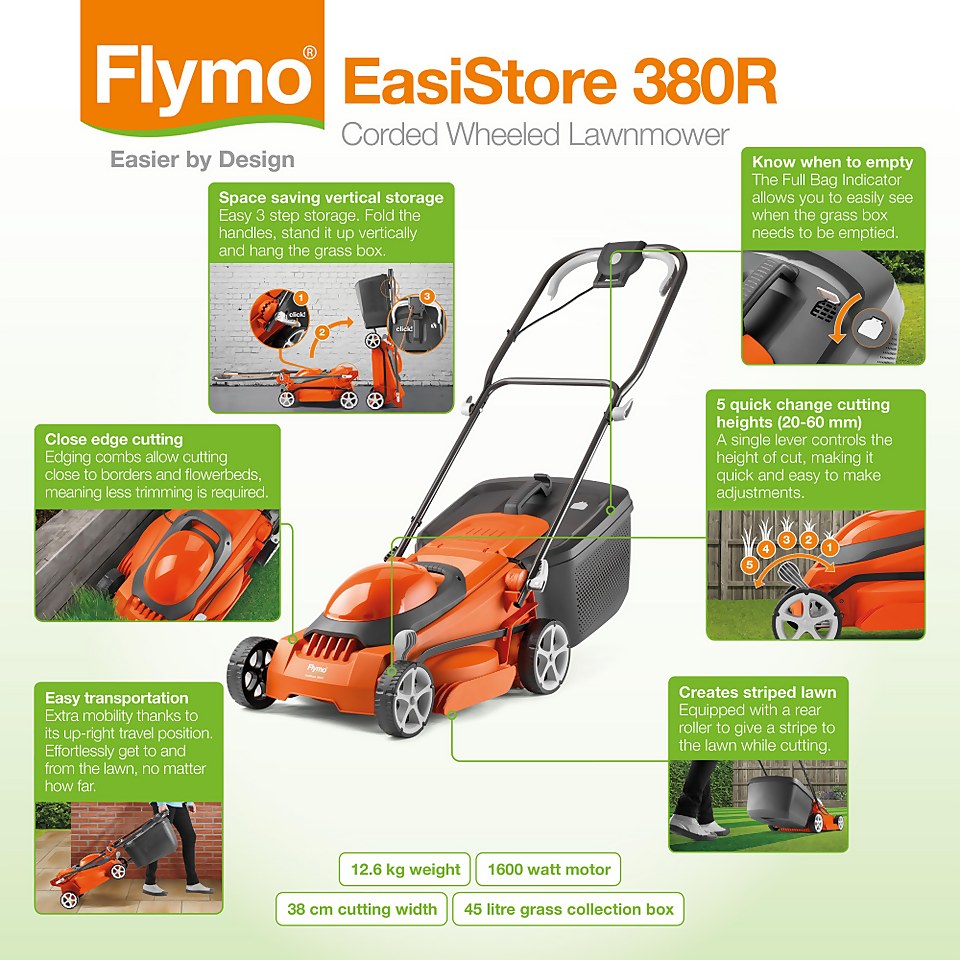 Flymo EasiStore 380R Corded Rotary Lawnmower - 1600W