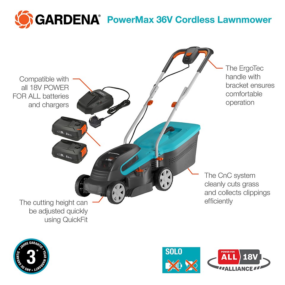 GARDENA 36V PowerMax Cordless Lawn Mower - 32cm