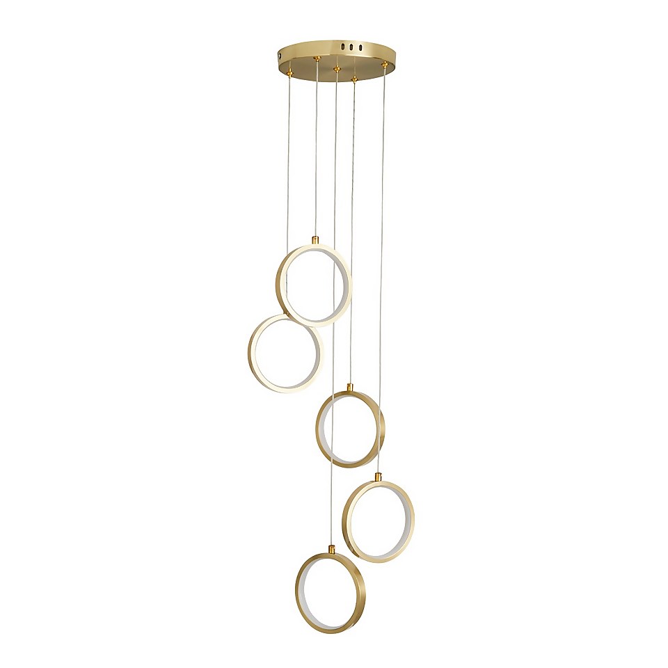 Lenox LED 5 Ring Cluster Pendant Ceiling Light - Brass