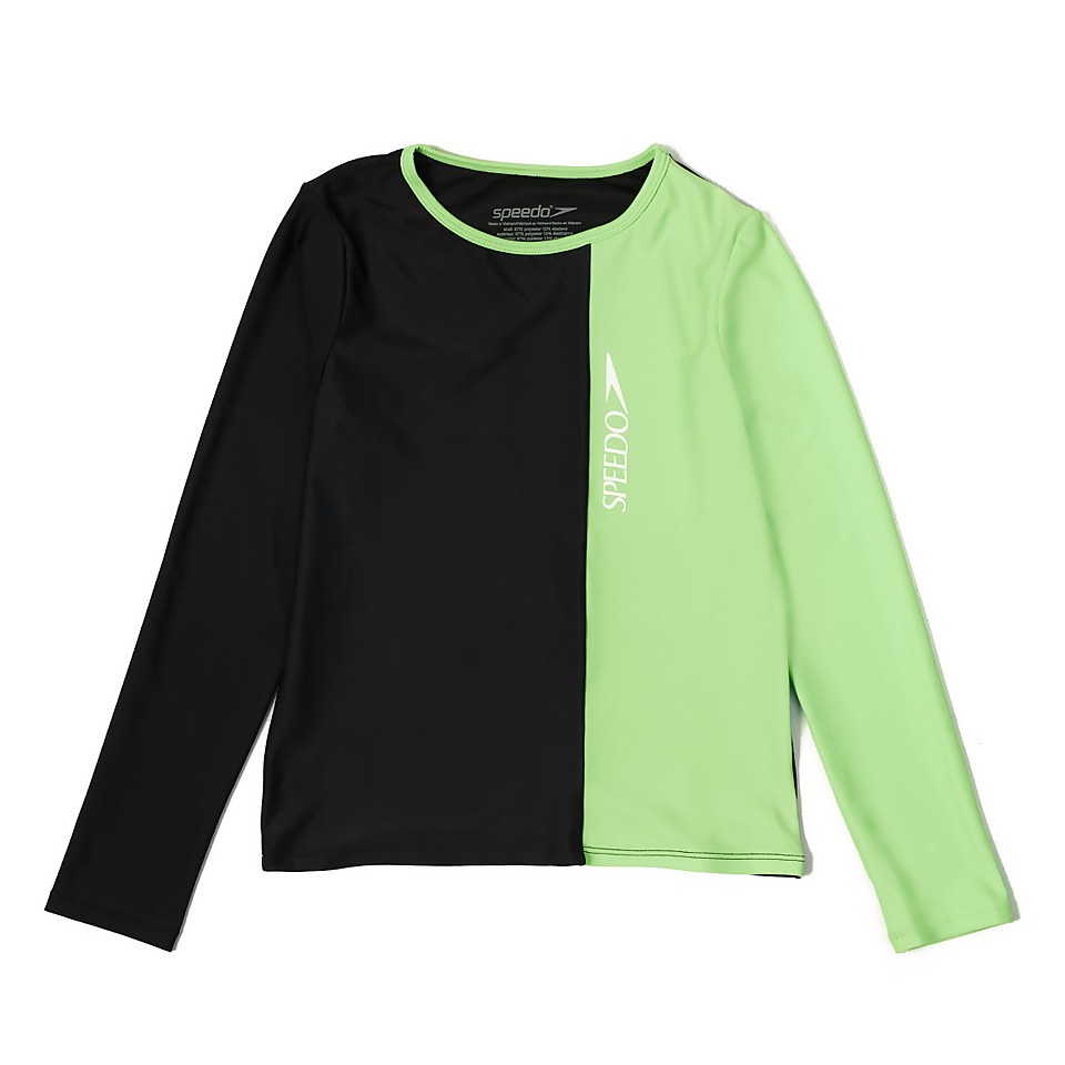 Girls Long Sleeve Solid Blocked Logo Rashguard Black