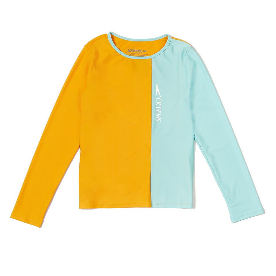 Girl's Long Sleeve Solid Blocked Logo Rashguard Green