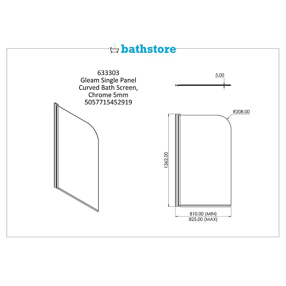 Bathstore Gleam Single Panel Curved Bath Screen - 1360 x 820mm (5mm Glass)