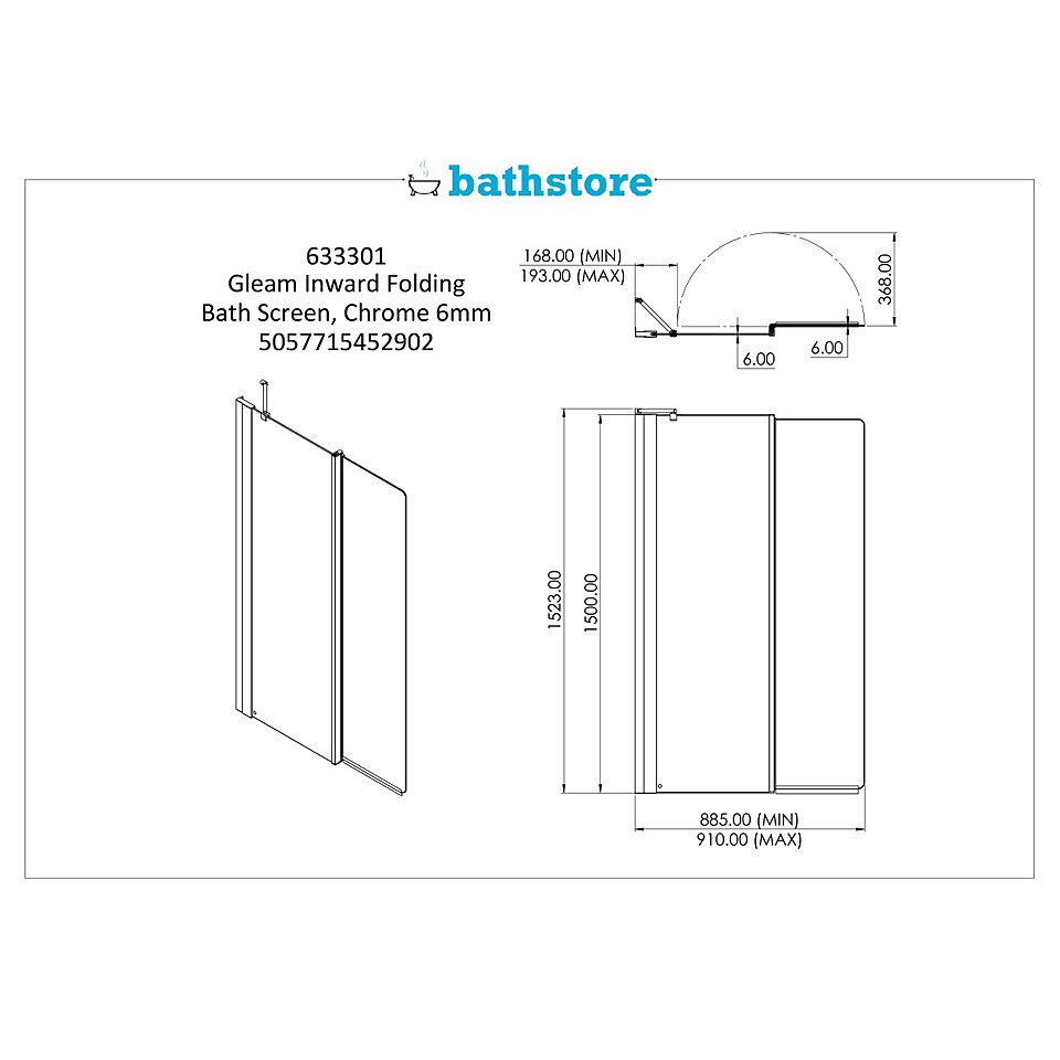 Bathstore Gleam Inward Folding Bath Screen -1500 x 910mm (6mm Glass)