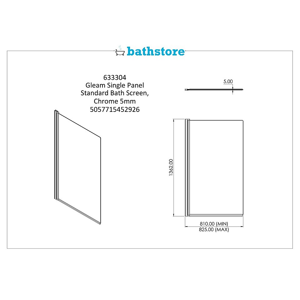 Bathstore Gleam Single Panel Standard Bath Screen - 1360 x 820mm (5mm Glass)