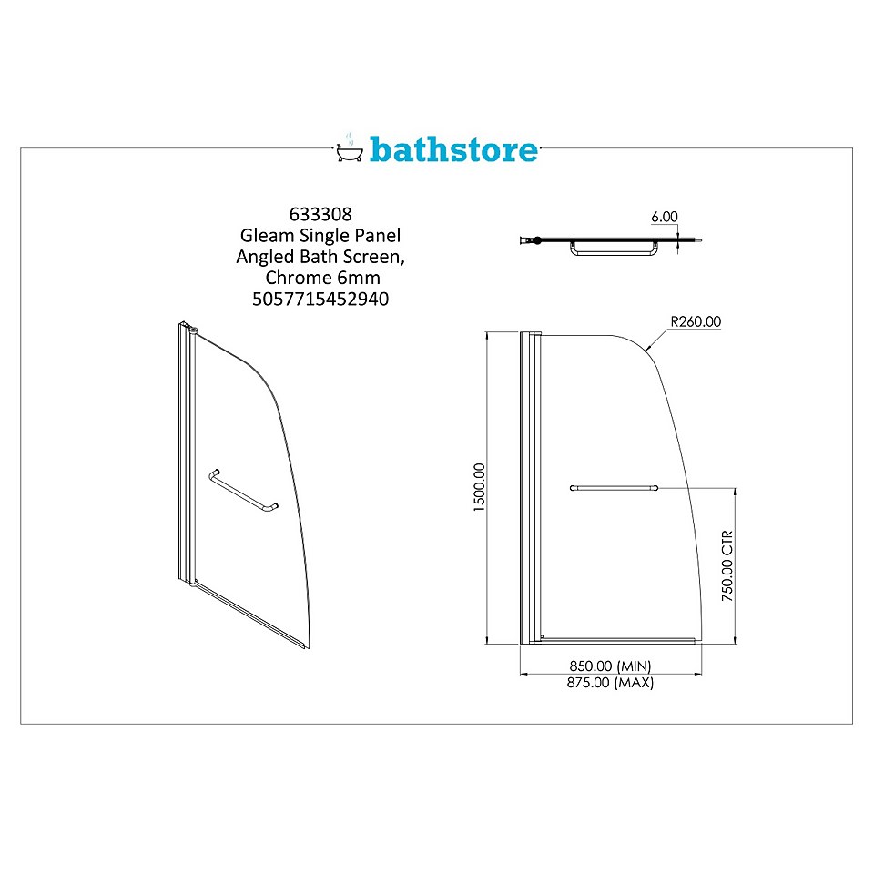 Bathstore Gleam Single Panel Angled Bath Screen - 1500 x 850mm (6mm Glass)