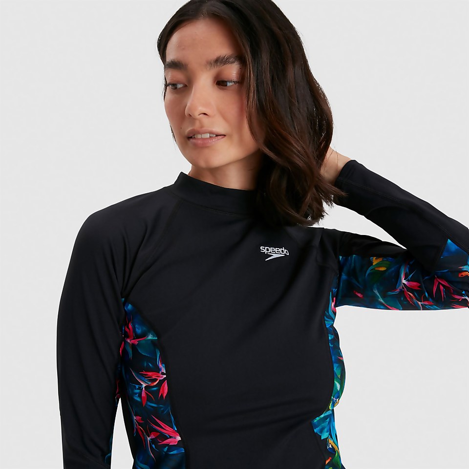Damen Sports Long Sleeve Rash Top in Schwarz/Pink
