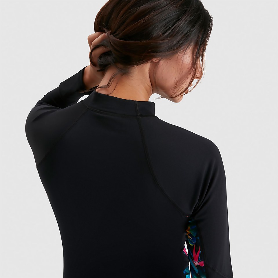 Damen Sports Long Sleeve Rash Top in Schwarz/Pink