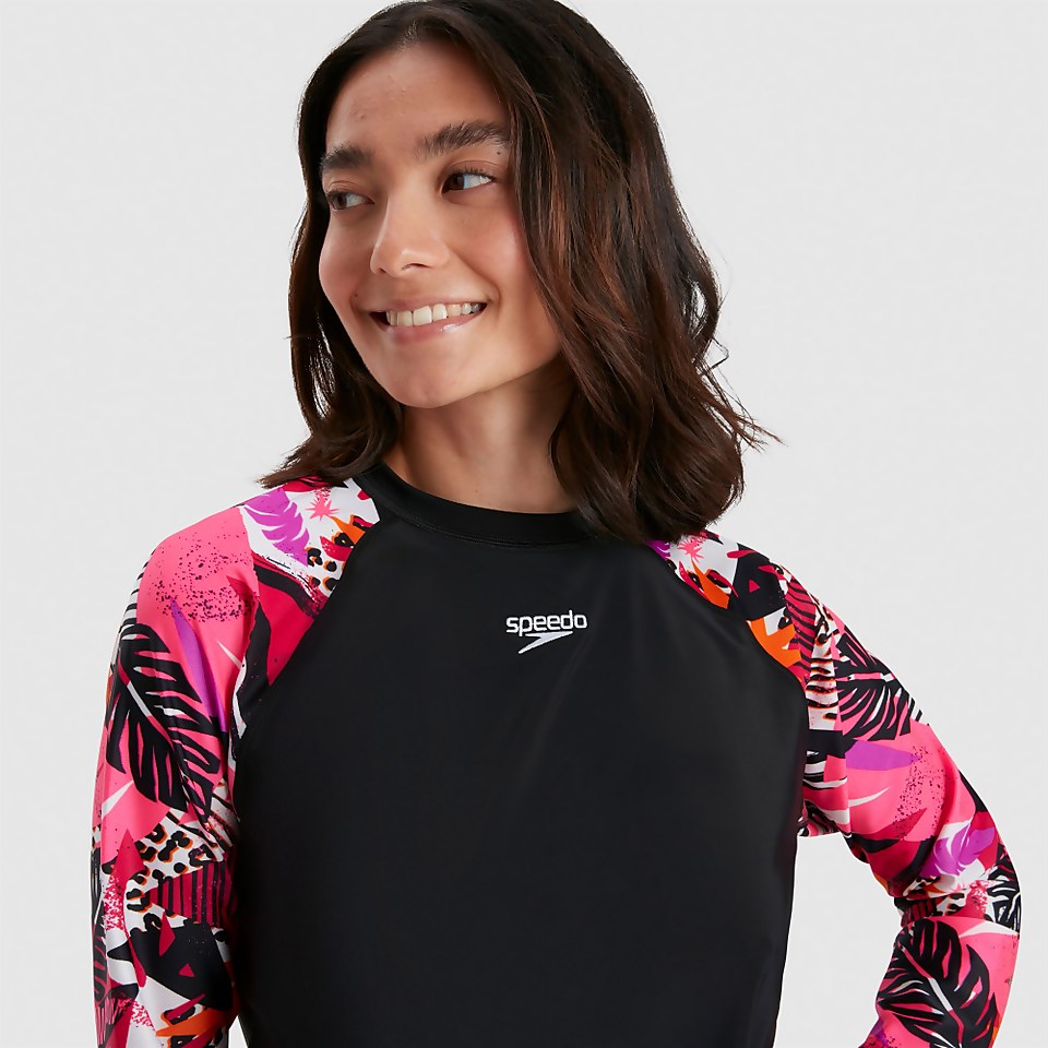 Bedrucktes langärmliges Sonnenschutz-Top Schwarz/Pink für Damen
