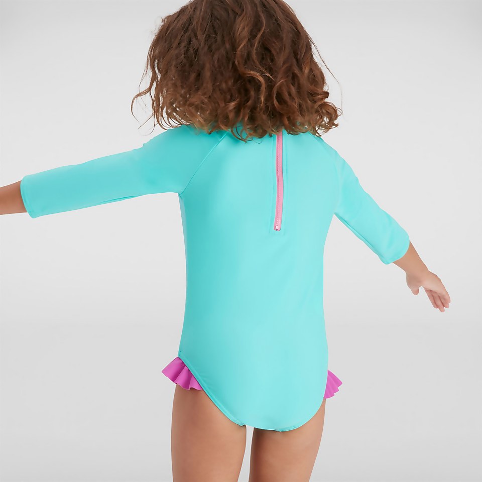 Girls' Placement Long Sleeved Frill Swimsuit Green/Pink