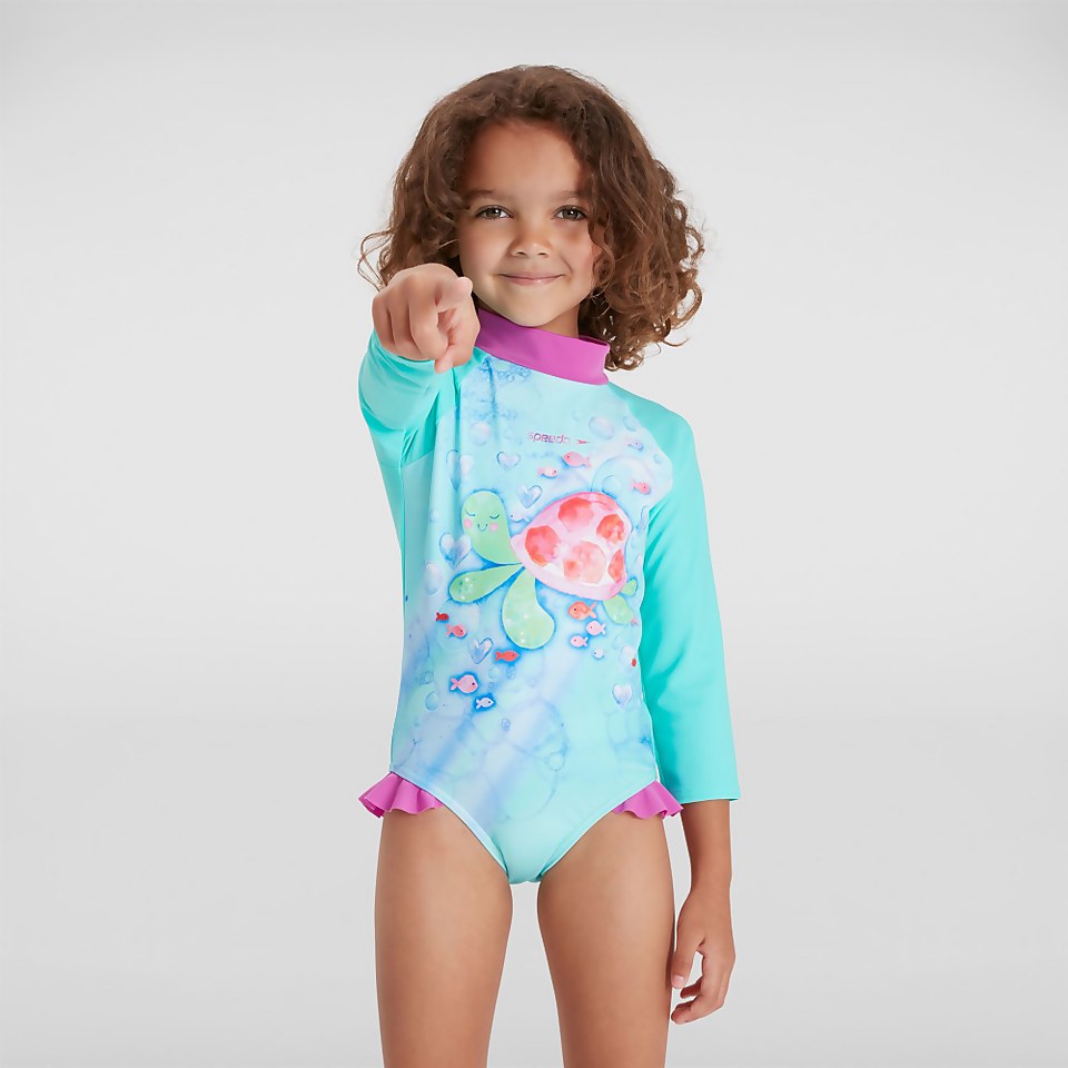 Girls' Placement Long Sleeved Frill Swimsuit Green/Pink