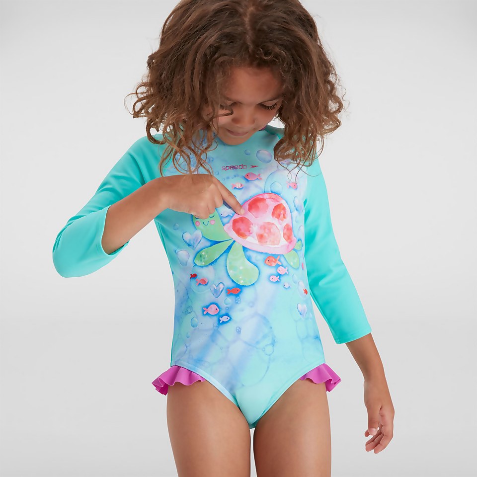 Girls' Placement Long Sleeved Frill Swimsuit Green/Pink