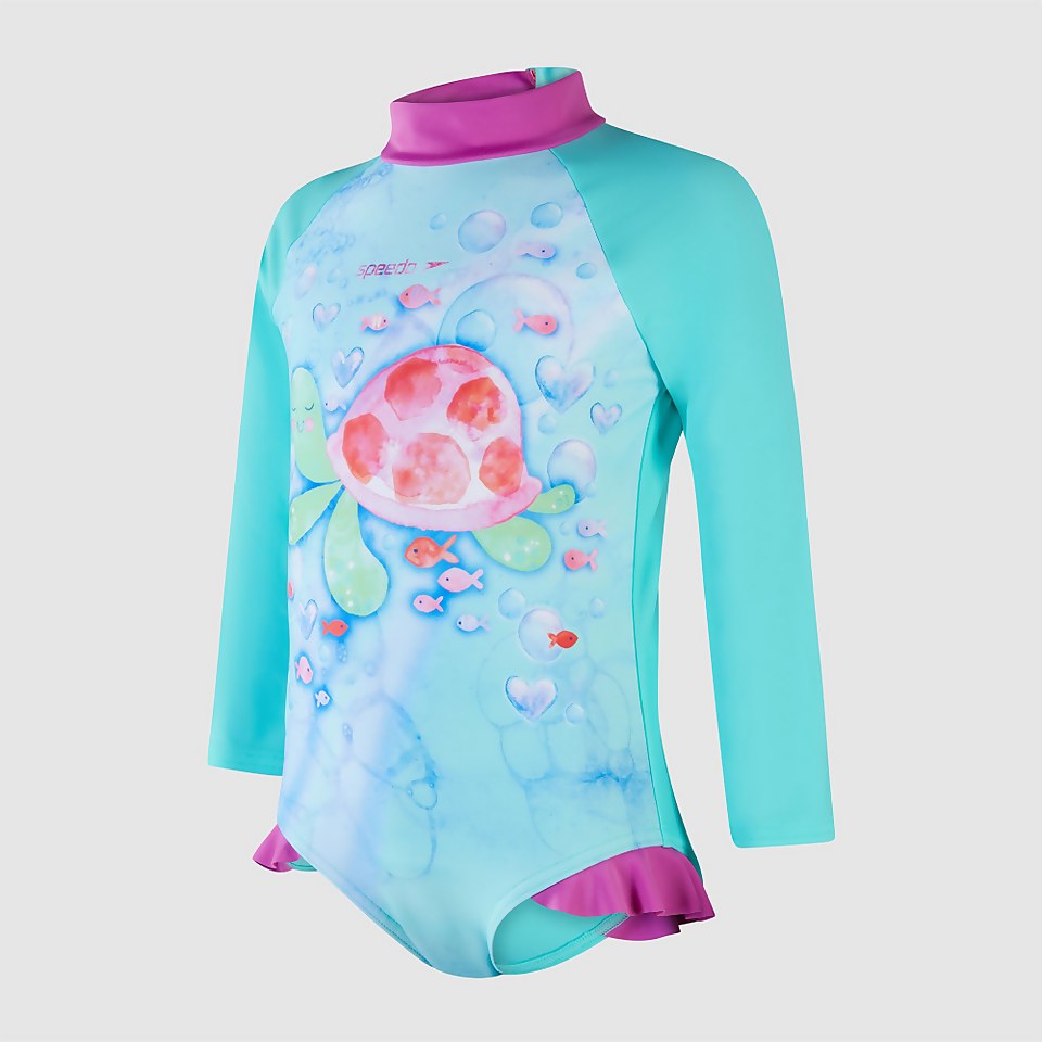 Girls' Placement Long Sleeved Frill Swimsuit Green/Pink