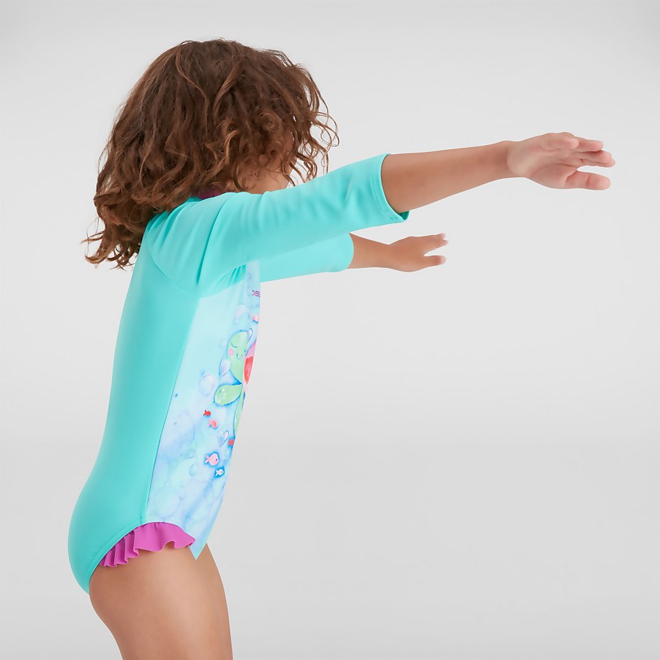 Girls' Placement Long Sleeved Frill Swimsuit Green/Pink