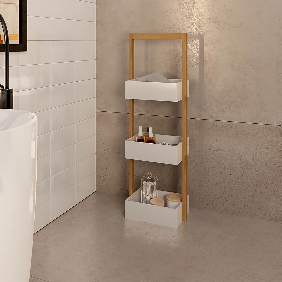 Homebase Edit Bathroom 3 Tier Storage Caddy - White & Bamboo