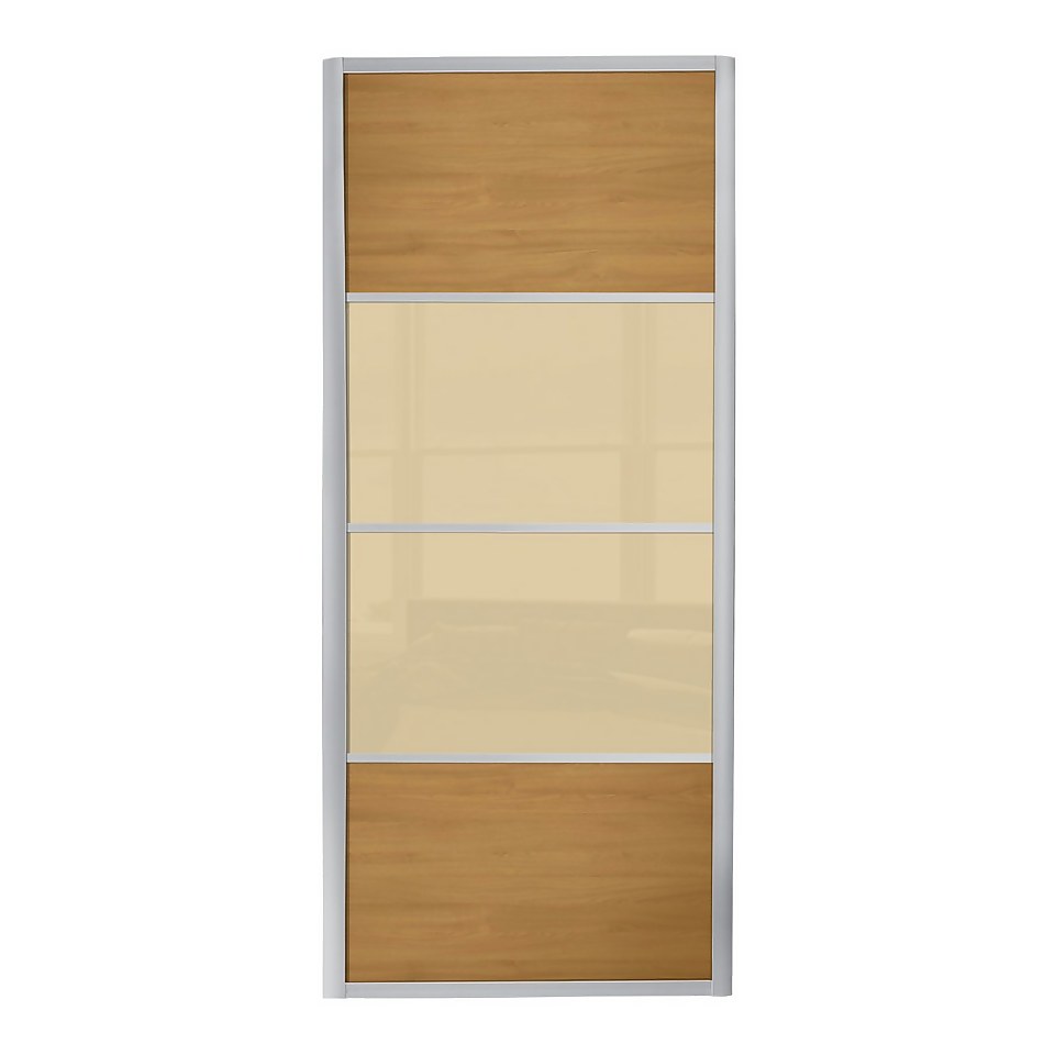Ellipse Sliding Wardrobe Door 4 Panel Windsor Oak Panel and Cream Glass with Aluminium Frame (W)762mm