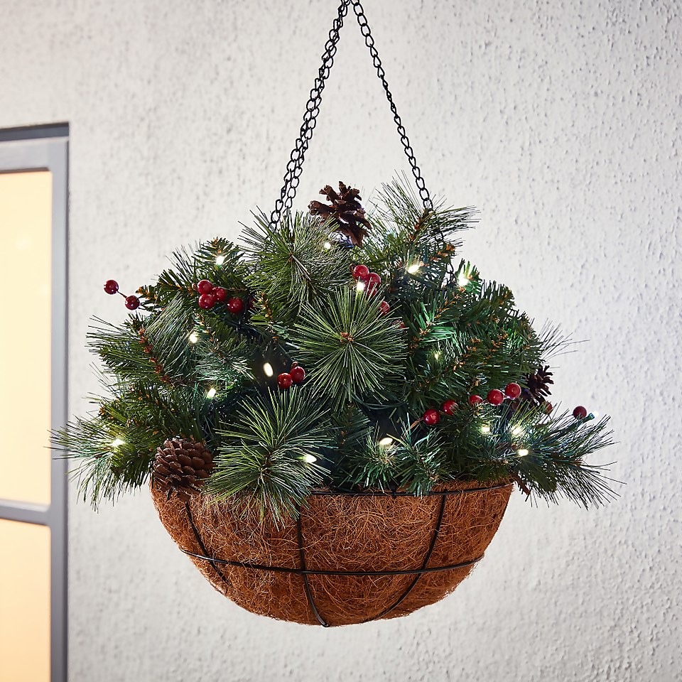 Pre-lit Berry Decorated Christmas Hanging Basket (Battery Operated)