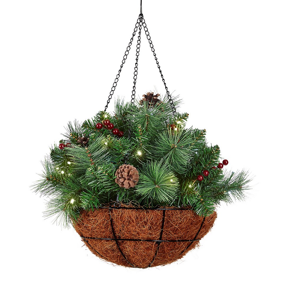 Pre-lit Berry Decorated Christmas Hanging Basket (Battery Operated)