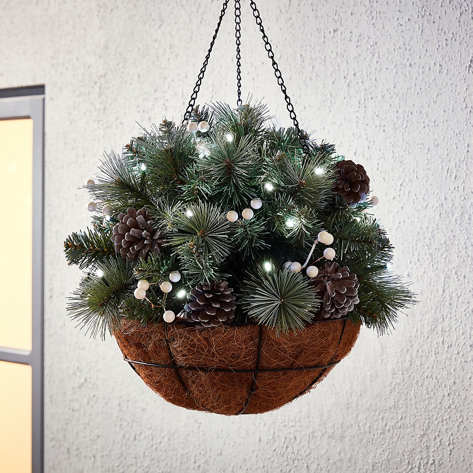 Pre-lit Snowy Christmas Hanging Basket (Battery Operated)