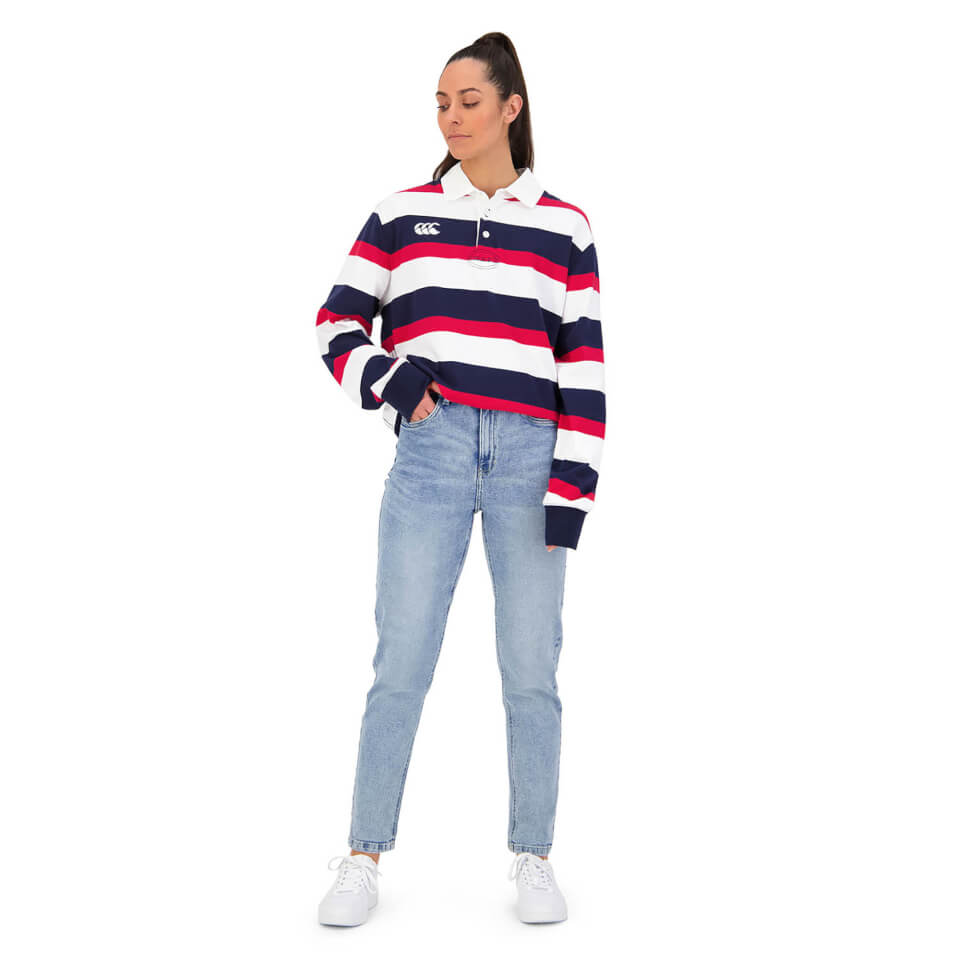 Mens Long Sleeve Retro Stripe Rugby Jersey in Red