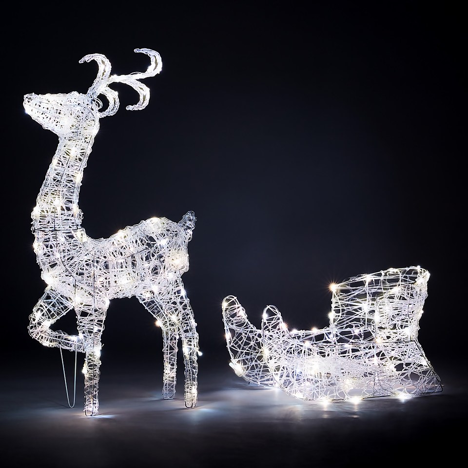 Acrylic 3D LED Reindeer & Sleigh 3in1 Outdoor Christmas Light Warm