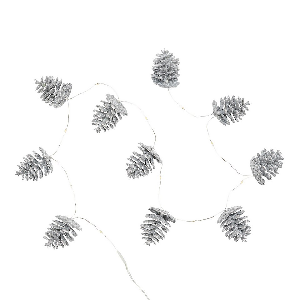 10 Silver Glitter Pinecone Christmas String Light (Battery Operated