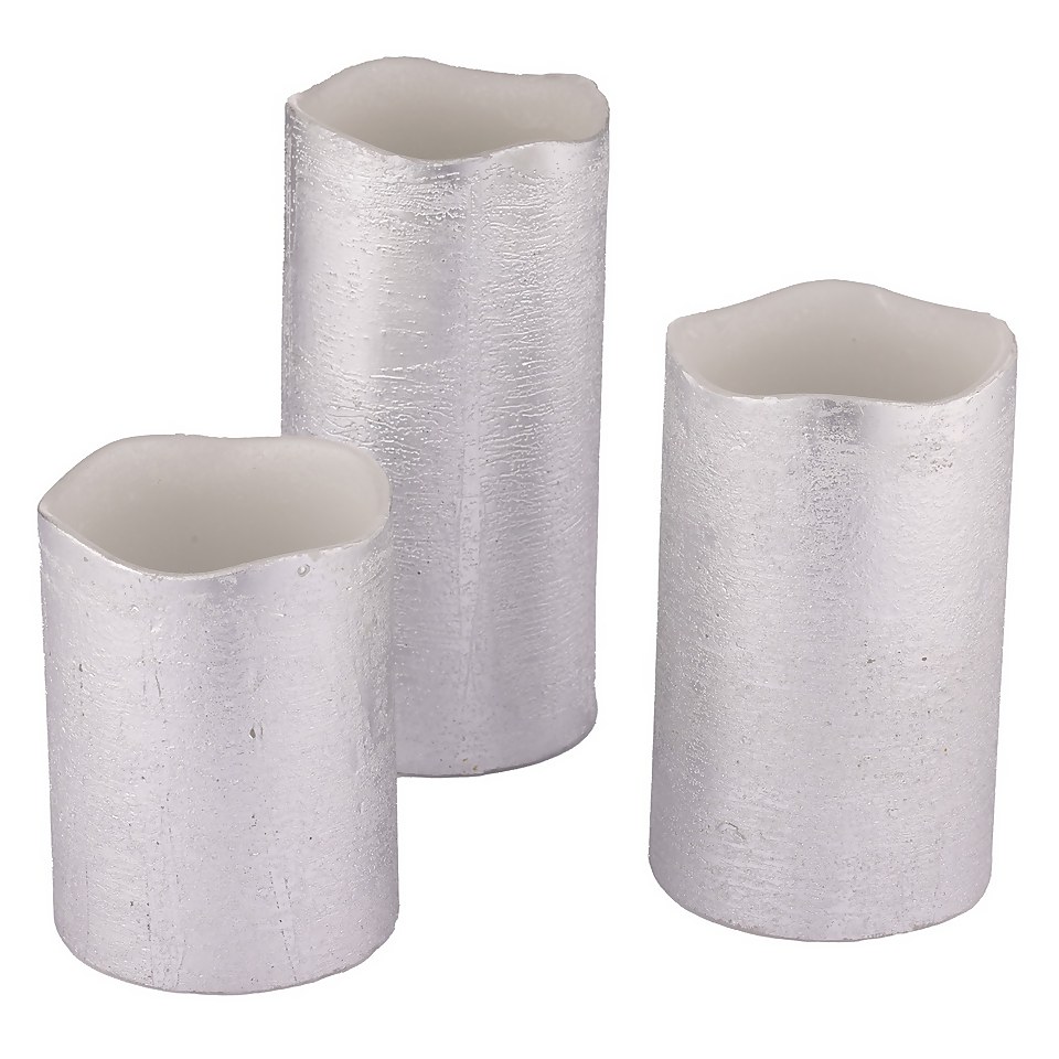 3 LED Christmas Pillar Candles Silver (Battery Operated) Homebase