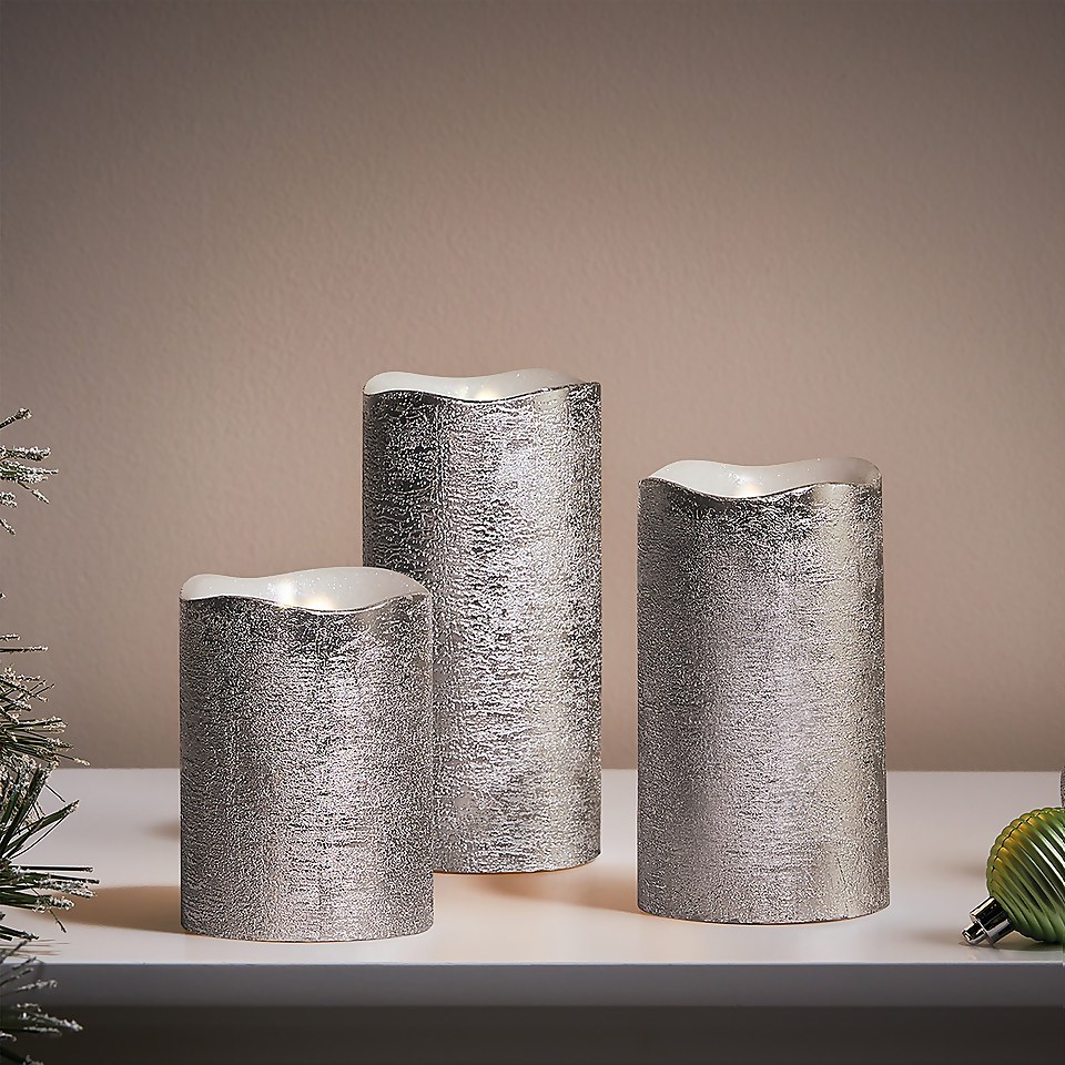 3 LED Christmas Pillar Candles Silver (Battery Operated) Homebase