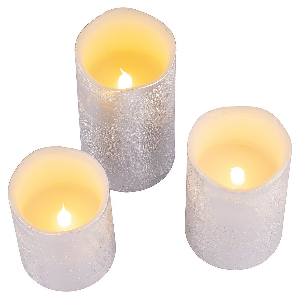 3 LED Christmas Pillar Candles Silver (Battery Operated) Homebase