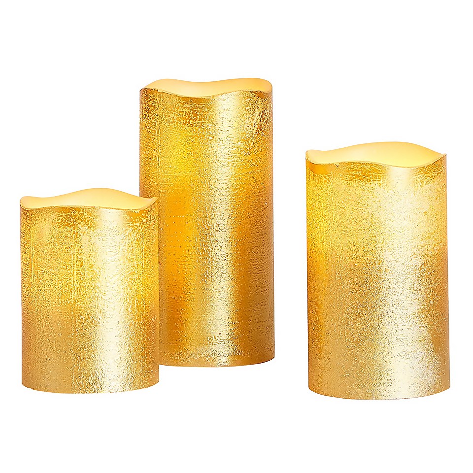 3 LED Christmas Pillar Candles Gold (Battery Operated) Homebase