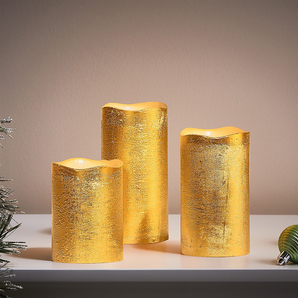 3 LED Christmas Pillar Candles Gold (Battery Operated) Homebase