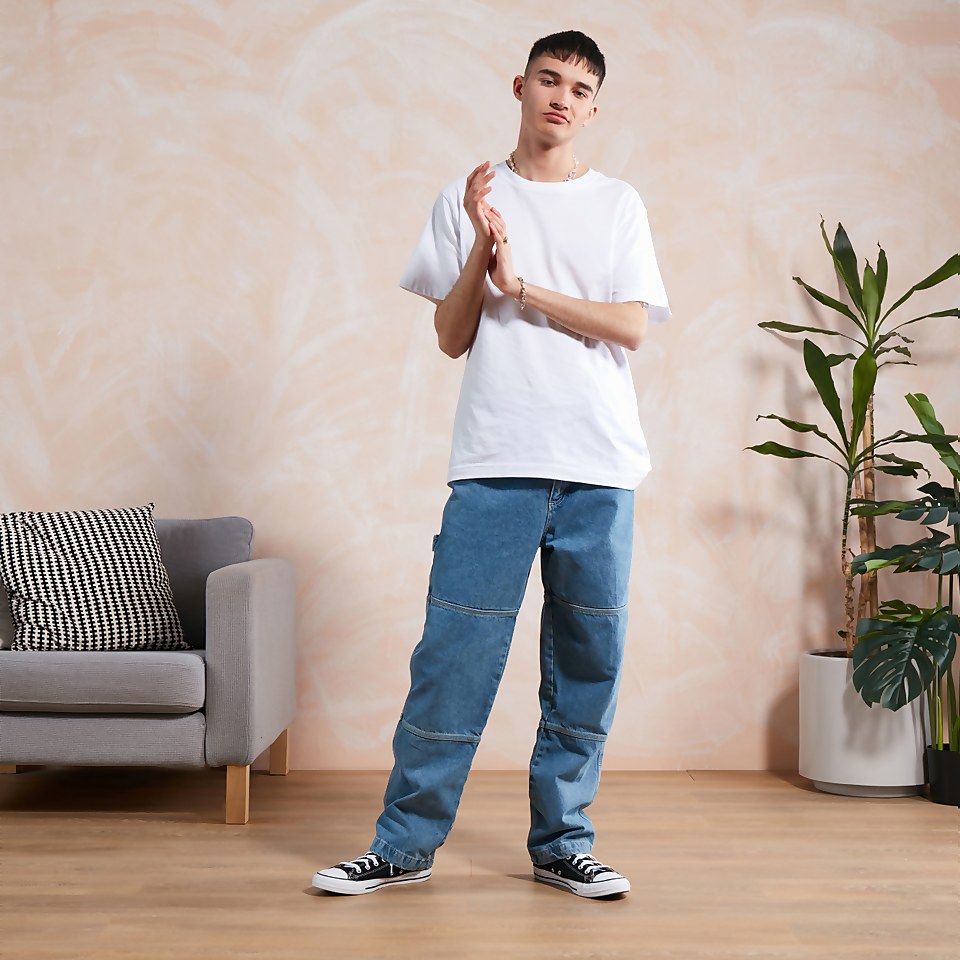 Men's Light Wash Denim Panel Drill Pant Blue