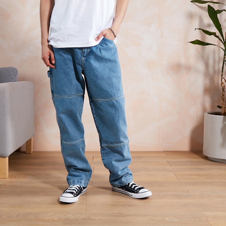 Men's Light Wash Denim Panel Drill Pant Blue
