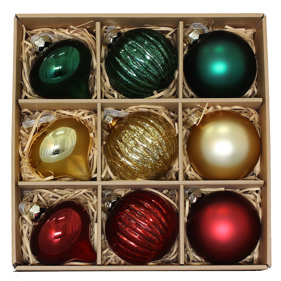 Country Gathering Premium Glass Christmas Tree Baubles Pack of 9