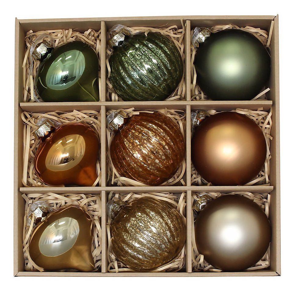 Refined Nature Premium Glass Christmas Tree Baubles Pack of 9 Homebase