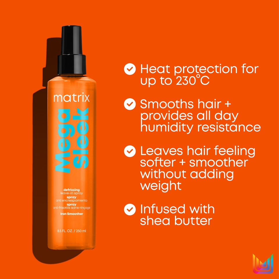 Matrix Mega Sleek Shea Butter Smoothing Shampoo, Conditioner and Iron Smoother Heat Protection Routine for Frizzy Hair