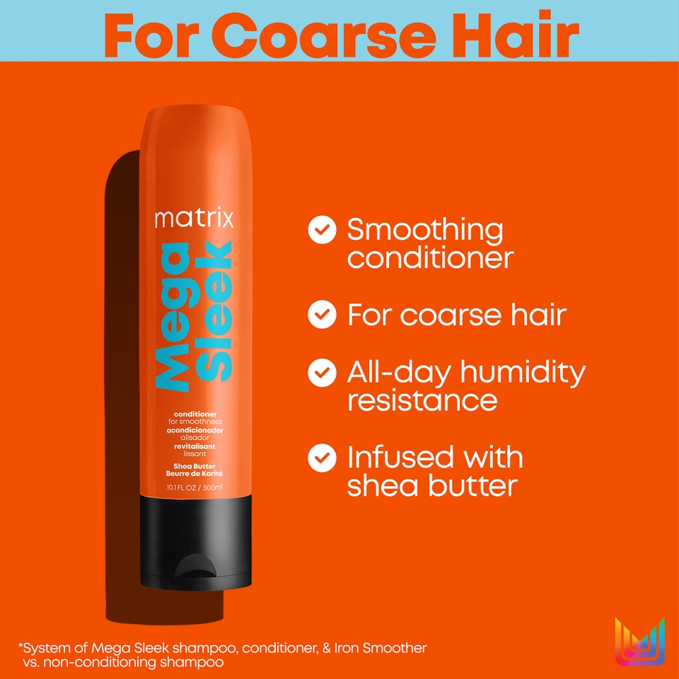 Matrix Mega Sleek Shea Butter Smoothing Shampoo, Conditioner and Iron Smoother Heat Protection Routine for Frizzy Hair