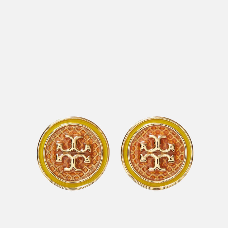 Tory Burch Women's Kira Guilloche Circle-Stud Earring - Tory Gold/Burnt Orange/Goldfinch