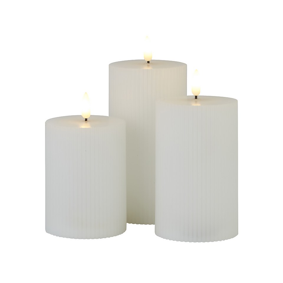 Pack of 3 LED Pillar Ribbed Candles White Homebase