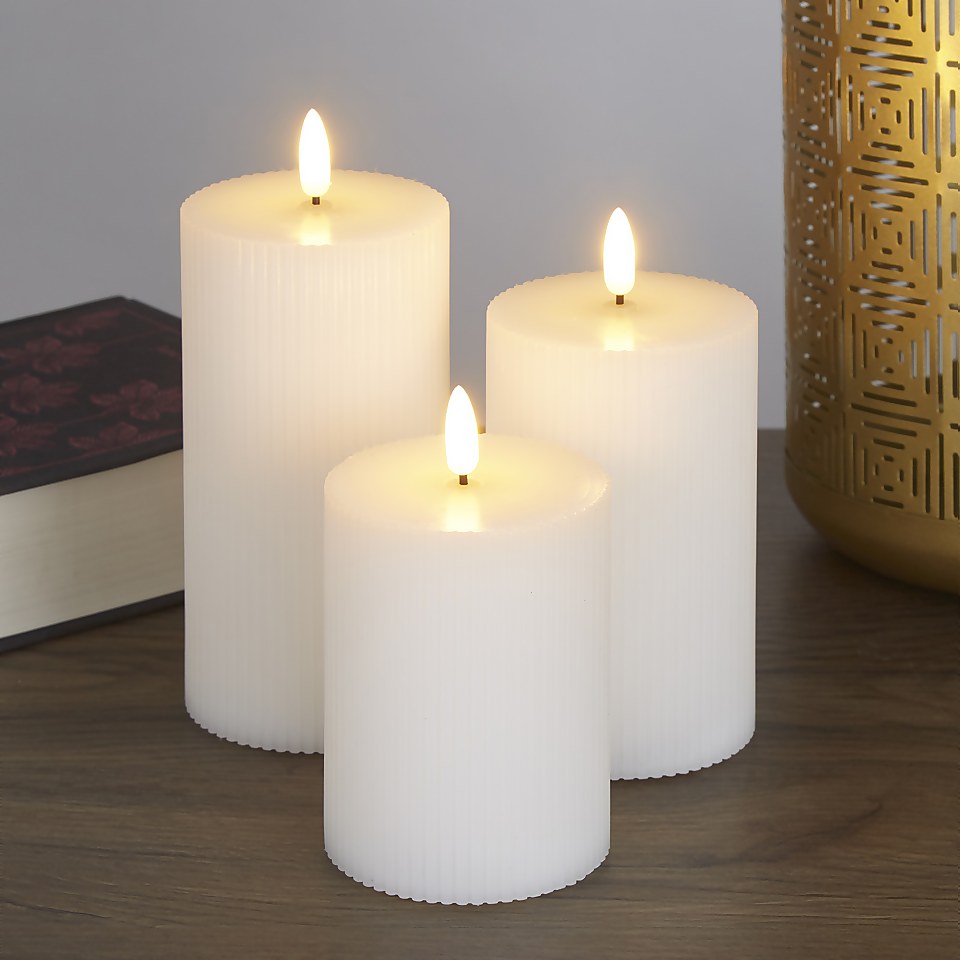 Pack of 3 LED Pillar Ribbed Candles White Homebase